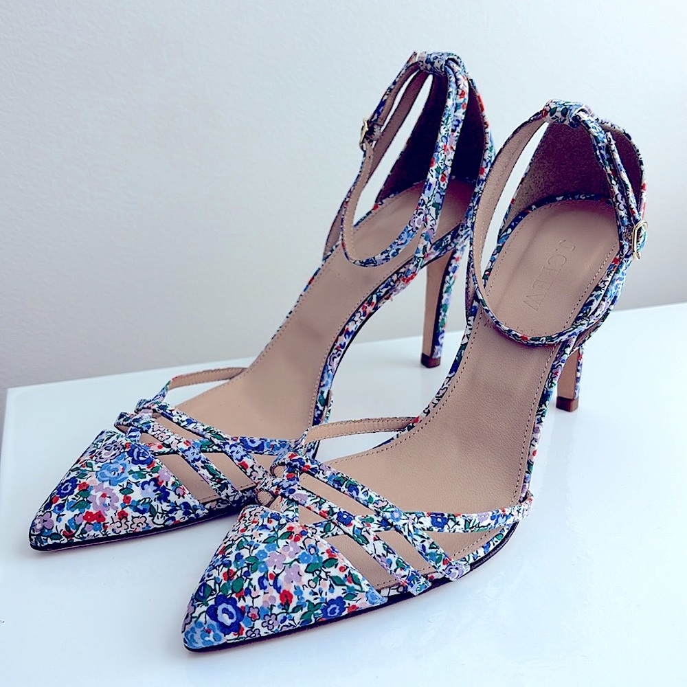 J. Crew Floral Blue & White High Heel Shoes Ankle Strap Made in Italy Size 6.5
